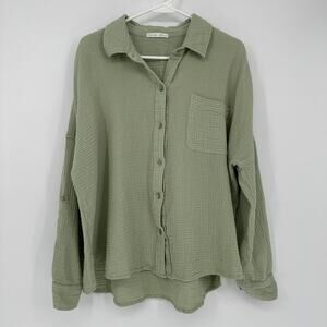 Be Cool Womens M/L Sage Green Gauze Cotton Button Front Roll Tab Oversized Top